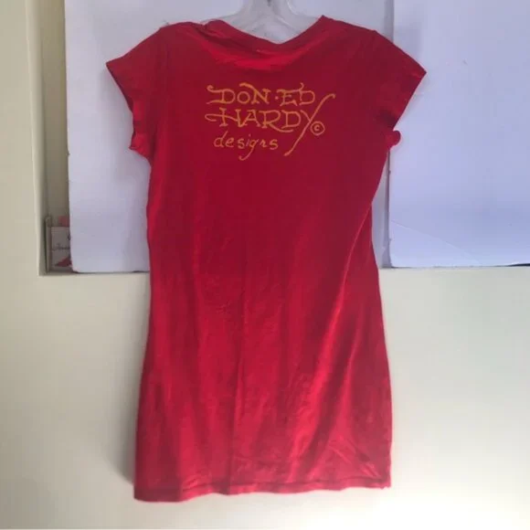 Ed Hardy Vintage Y2K Scull Tattoo Graphic Top T Shirt Fitted Logo Cotton Red L - Picture 3 of 16